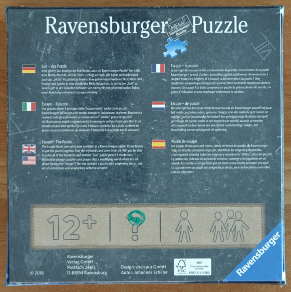 Escape room puzzle with mysterious illustration, age 12+, and colorful game elements.