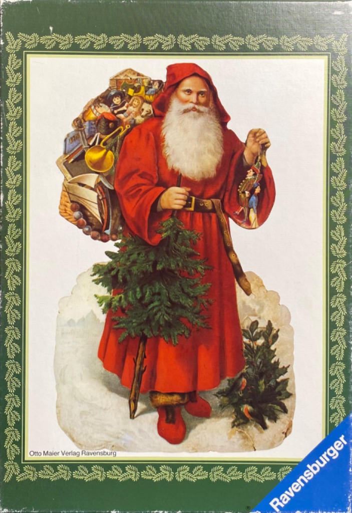 Vintage-style illustration of Santa Claus carrying a large sack of toys and a small pine tree in the snow.