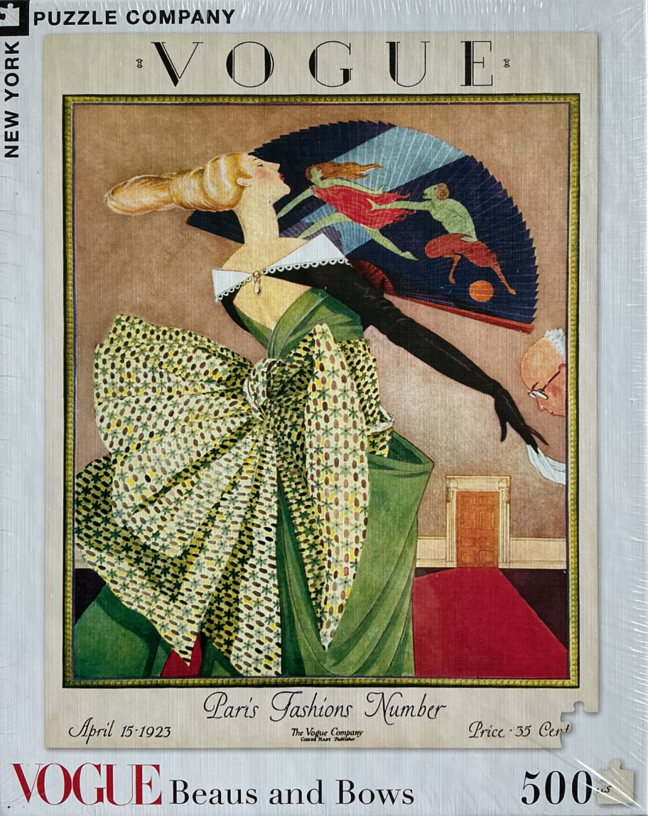 Art Deco illustration of an elegant woman in a large patterned bow gown holding a fan, from a 1923 magazine cover.