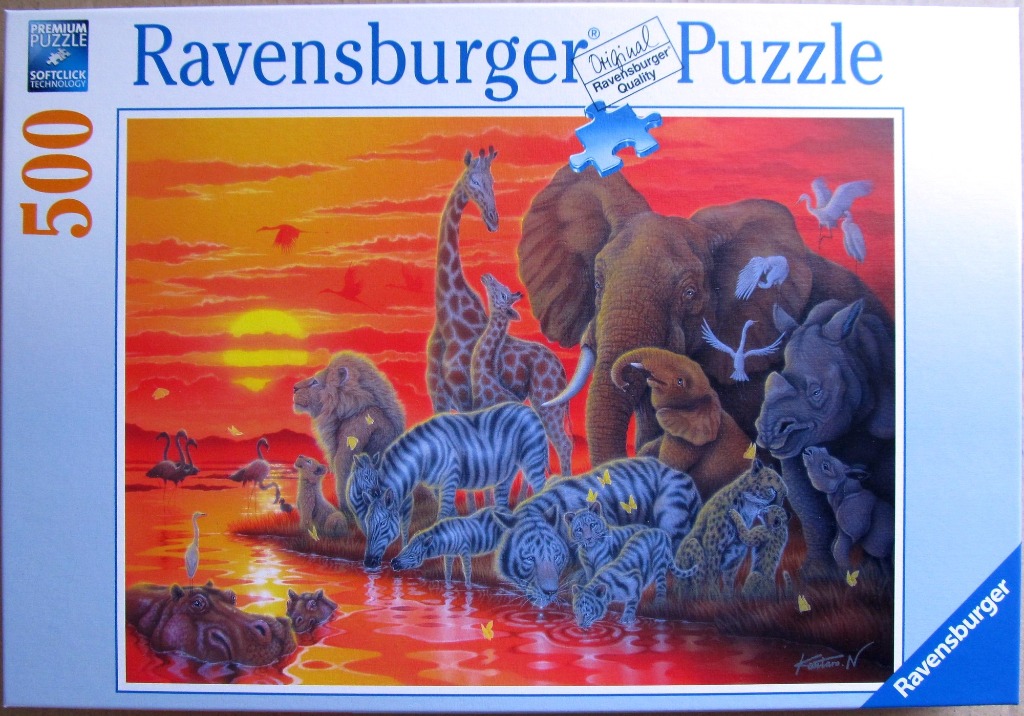 An illustration of African wildlife gathering at a waterhole during a vibrant sunset.