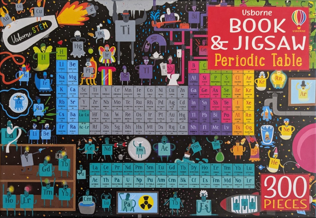An illustrated periodic table of elements with whimsical, personified chemical elements in a dark space setting.