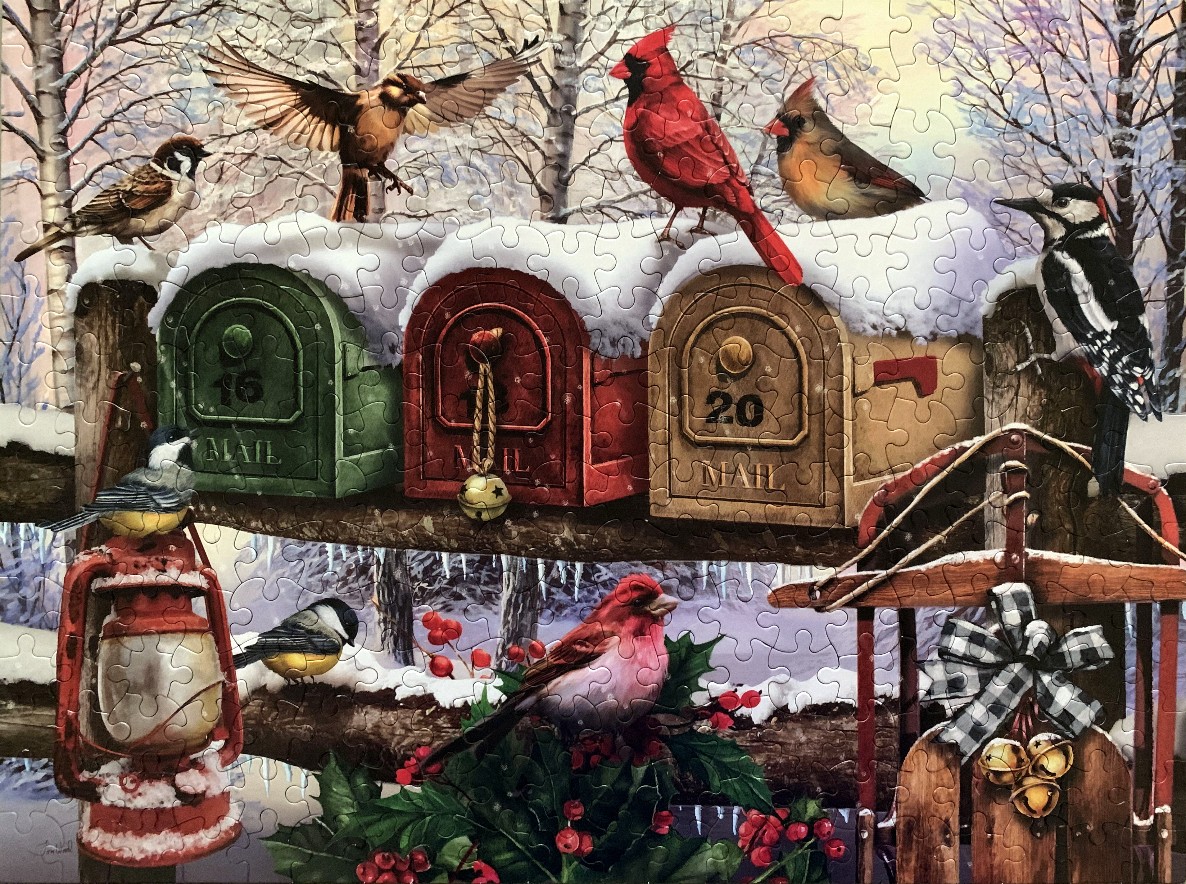 A winter scene featuring several colorful birds perched on and around three decorative mailboxes.