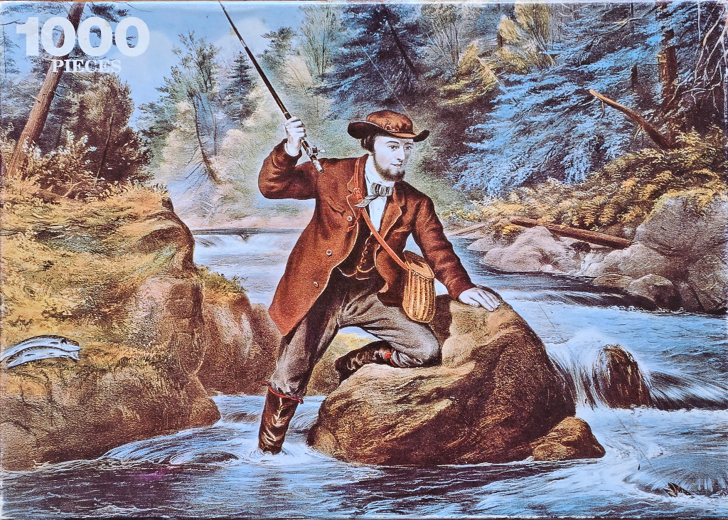 Victorian-era illustration of a man fly fishing while balanced on a rock in a river.