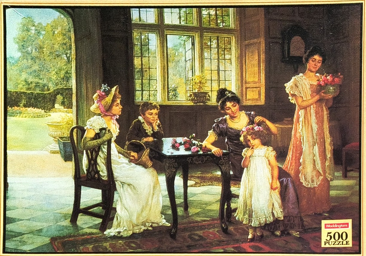 An oil painting of a Victorian-era family scene indoors with a view of a lush garden.