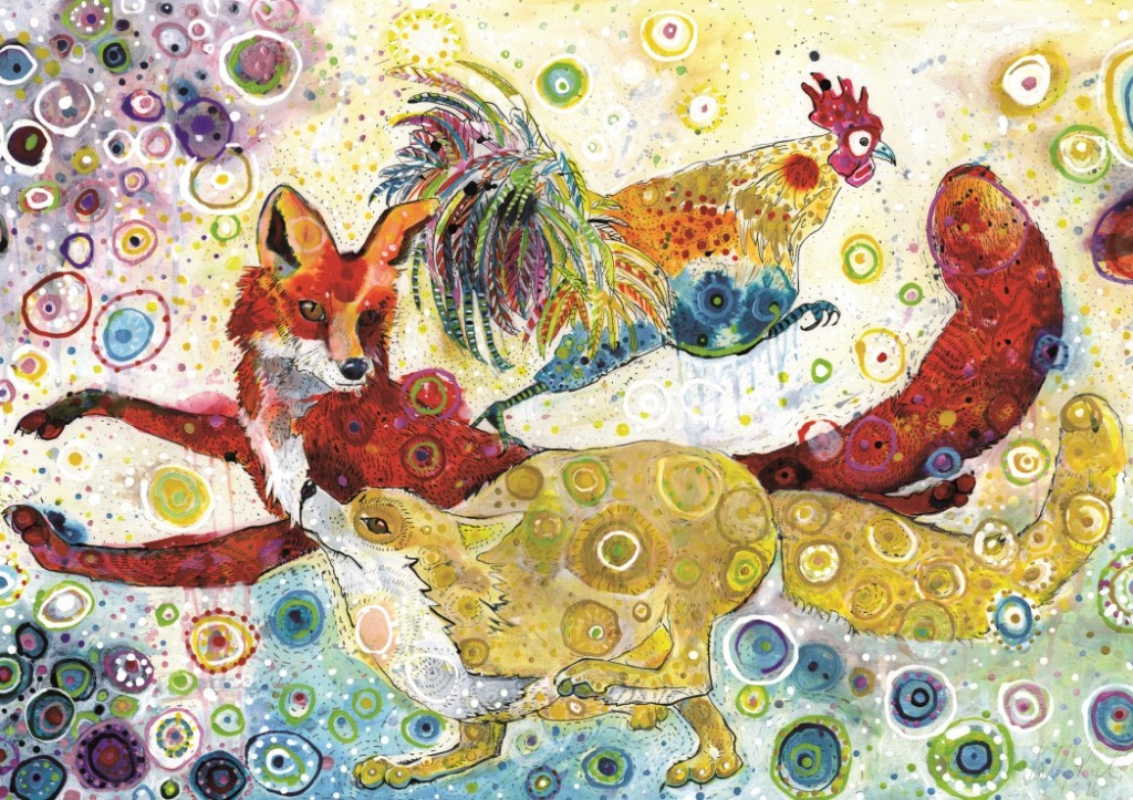 Whimsical watercolor painting of a red fox, a golden fox, and a colorful rooster amidst floating circular patterns.