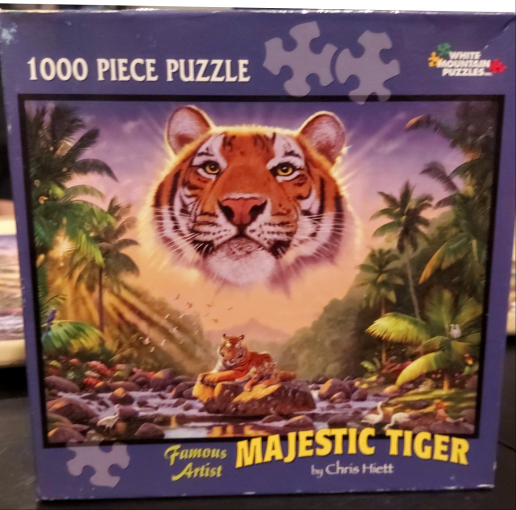 An illustration of a large tiger head floating in the sky above a jungle river scene with a tiger and cub on a rock.