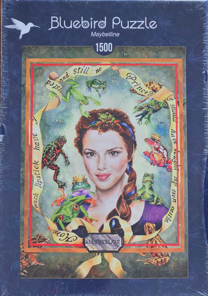 A whimsical illustration of a woman surrounded by various frogs, framed by a ribbon containing text.