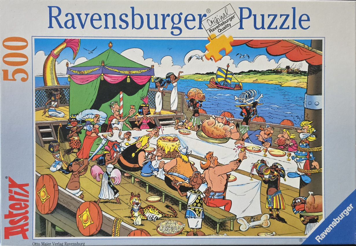 Cartoon illustration of Asterix and Obelix characters feasting on an ancient ship.