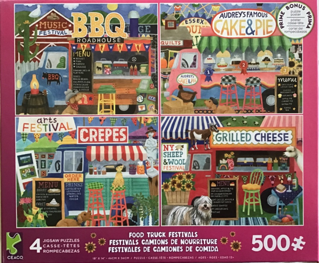 Four-panel illustration of themed food trucks at various festivals, including BBQ, Cake & Pie, Crepes, and Grilled Cheese.