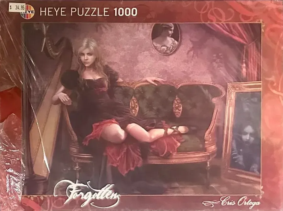 A gothic digital painting of a woman in a dark red dress lounging on a Victorian sofa.