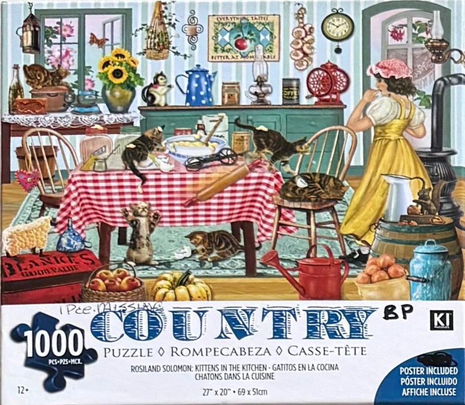 A cozy country kitchen scene featuring a young woman in a yellow dress surrounded by playful kittens.
