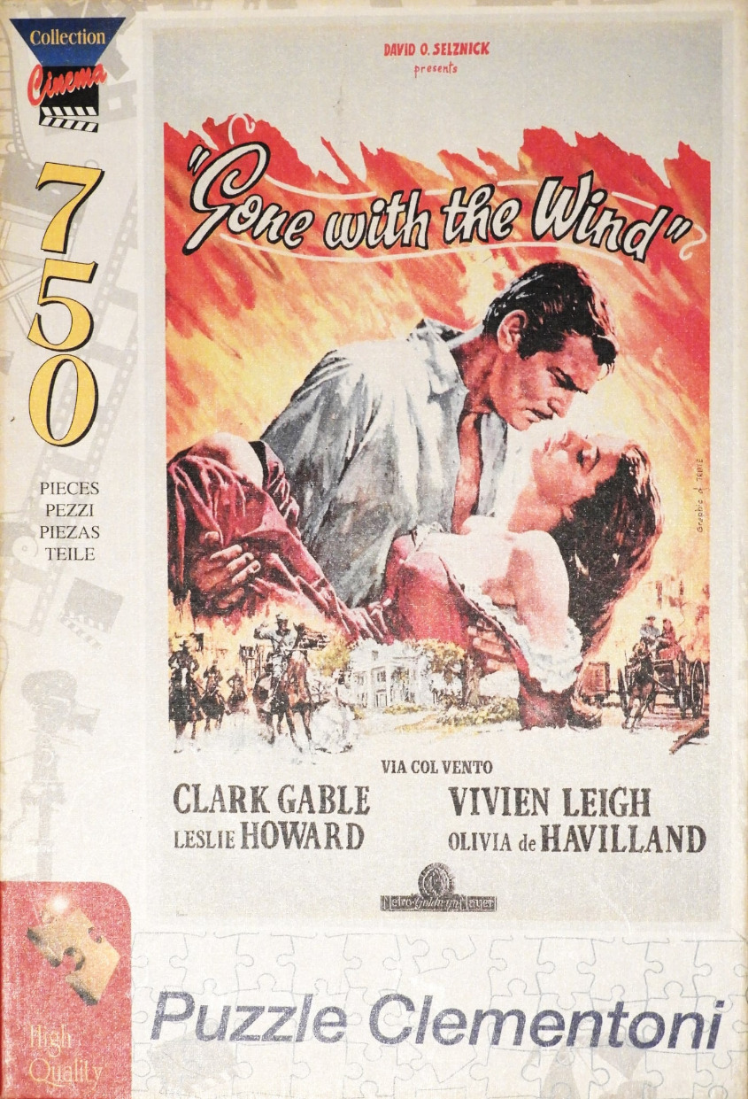 Classic movie poster artwork for Gone with the Wind showing Rhett Butler carrying Scarlett O'Hara against flames.