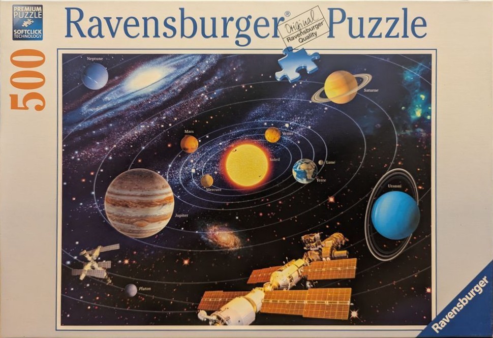 An illustration of the solar system featuring planets, the sun, and an orbiting space station.