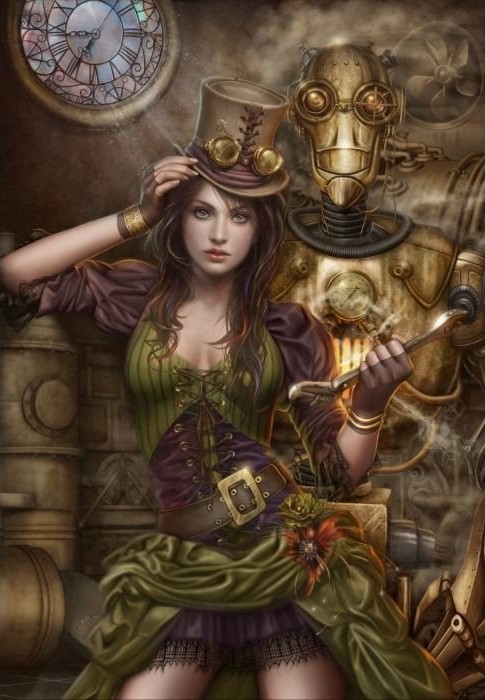 A woman in steampunk attire and a brass robot stand together in a workshop.