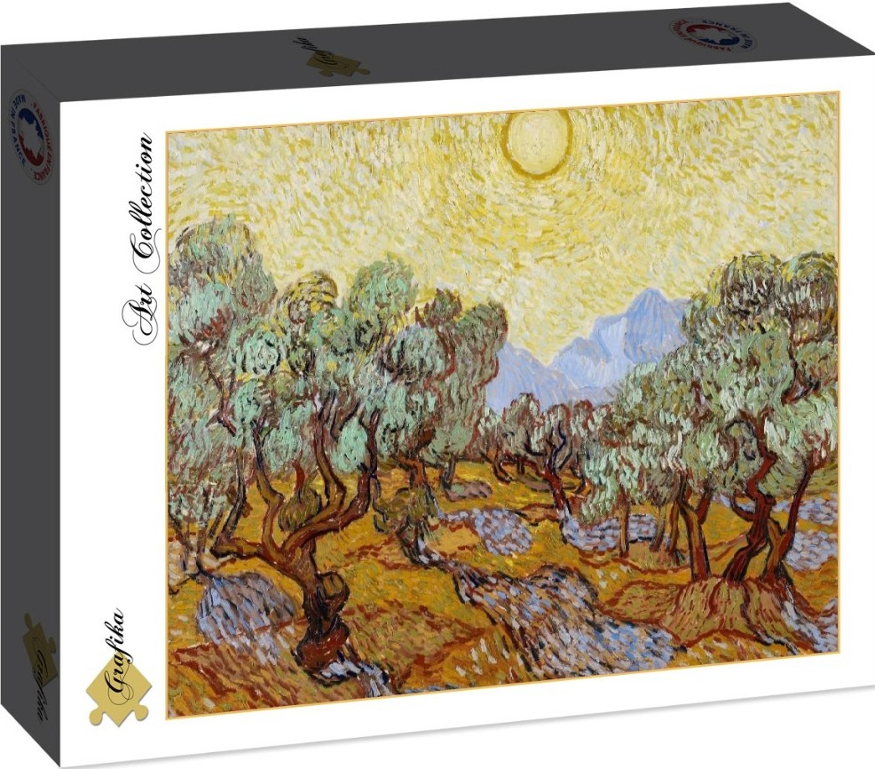 An oil painting of an olive grove under a bright sun by Vincent van Gogh