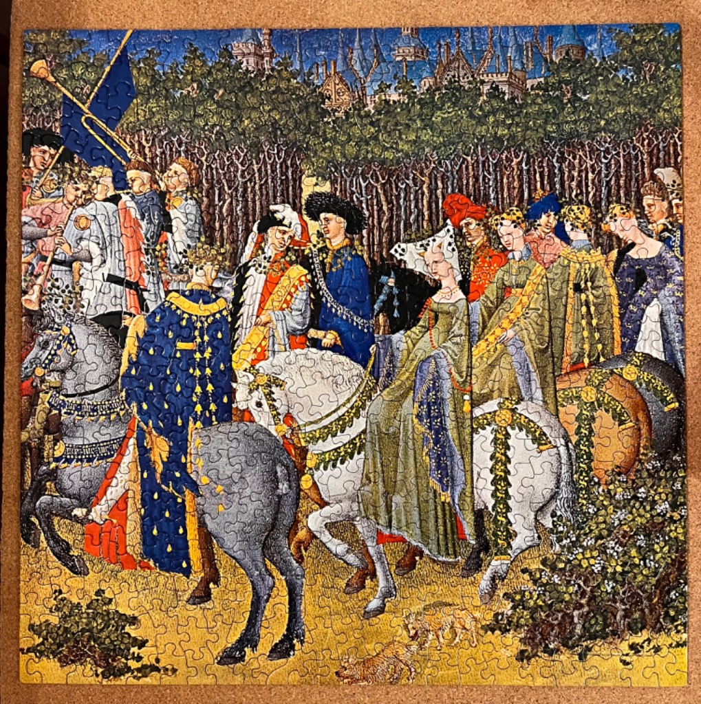 A medieval-style painting of a royal hunting party on horseback riding through a forest toward a distant castle.