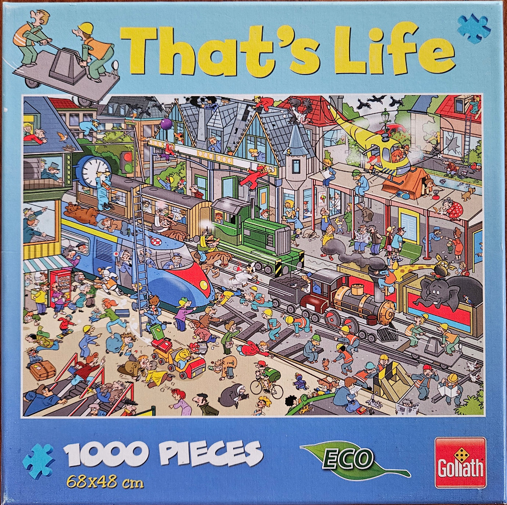 A busy cartoon train station scene filled with chaotic characters, various trains, and urban details.