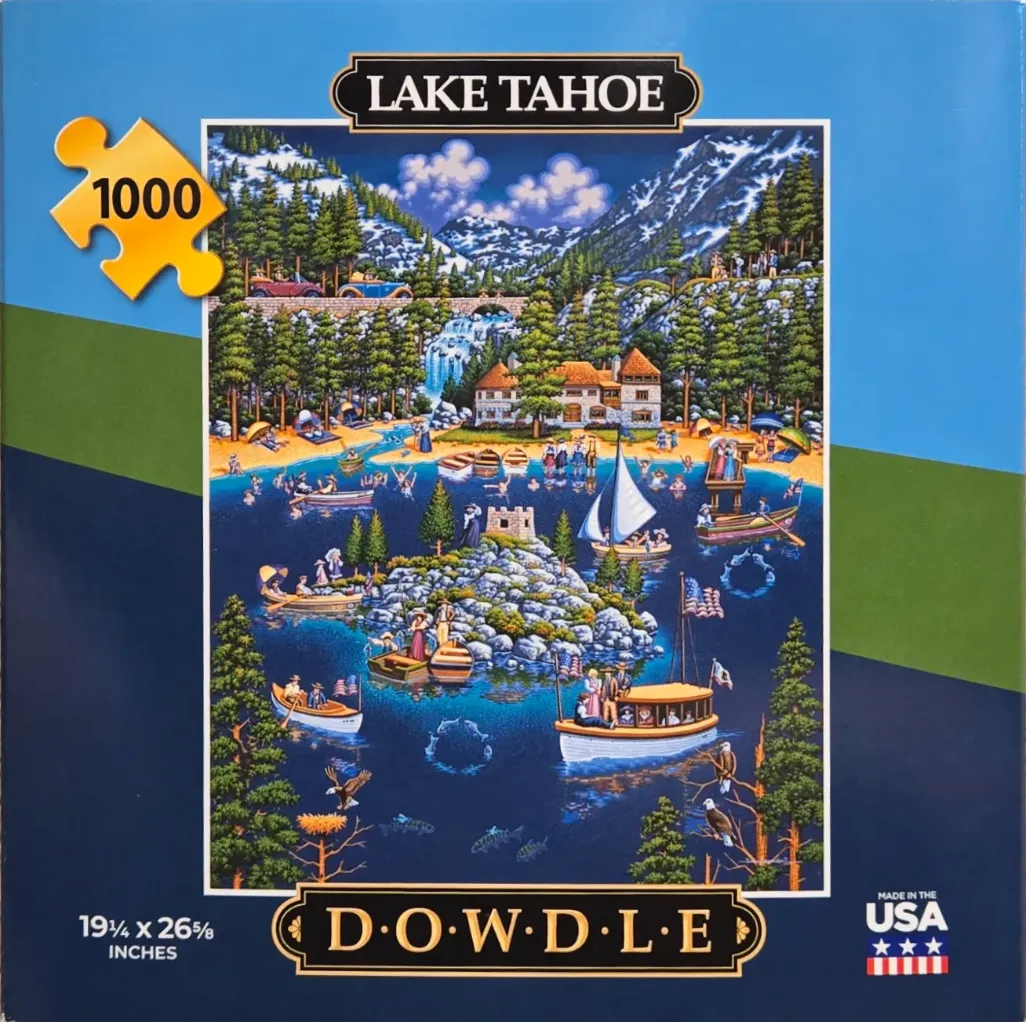 Folk-art style illustration of Lake Tahoe featuring mountains, a rocky island, various boats, and recreational scenes.