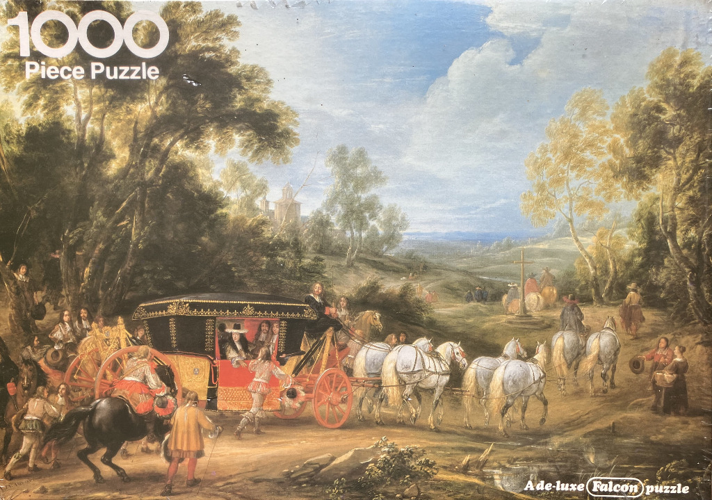 An 18th-century painting of a horse-drawn royal carriage traveling through a wooded landscape.