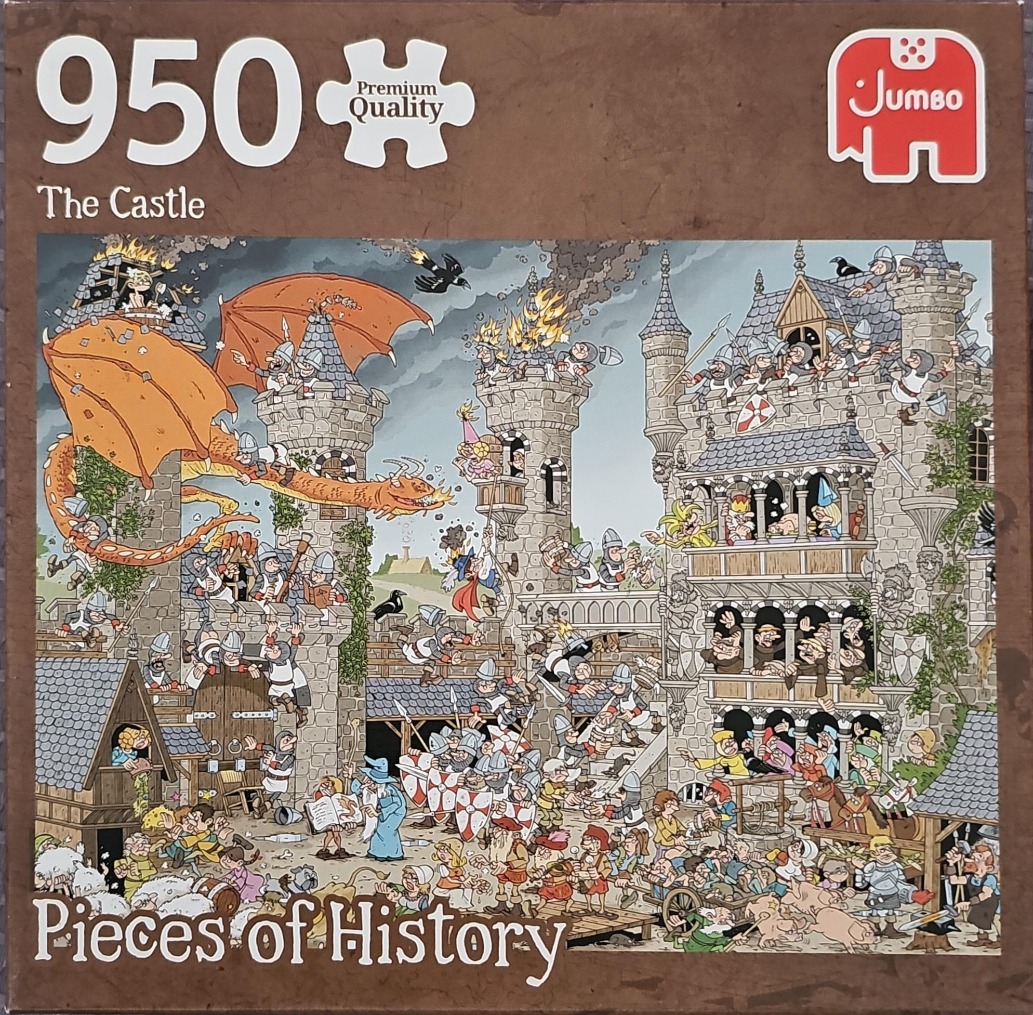Cartoon illustration of a chaotic castle scene with a large orange dragon, knights, and various historical figures.