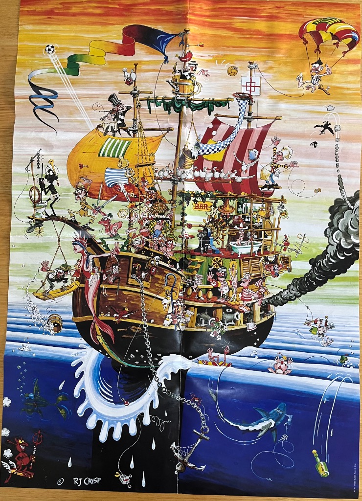 A chaotic, whimsical cartoon illustration of a bustling pirate ship at sea filled with eccentric characters.