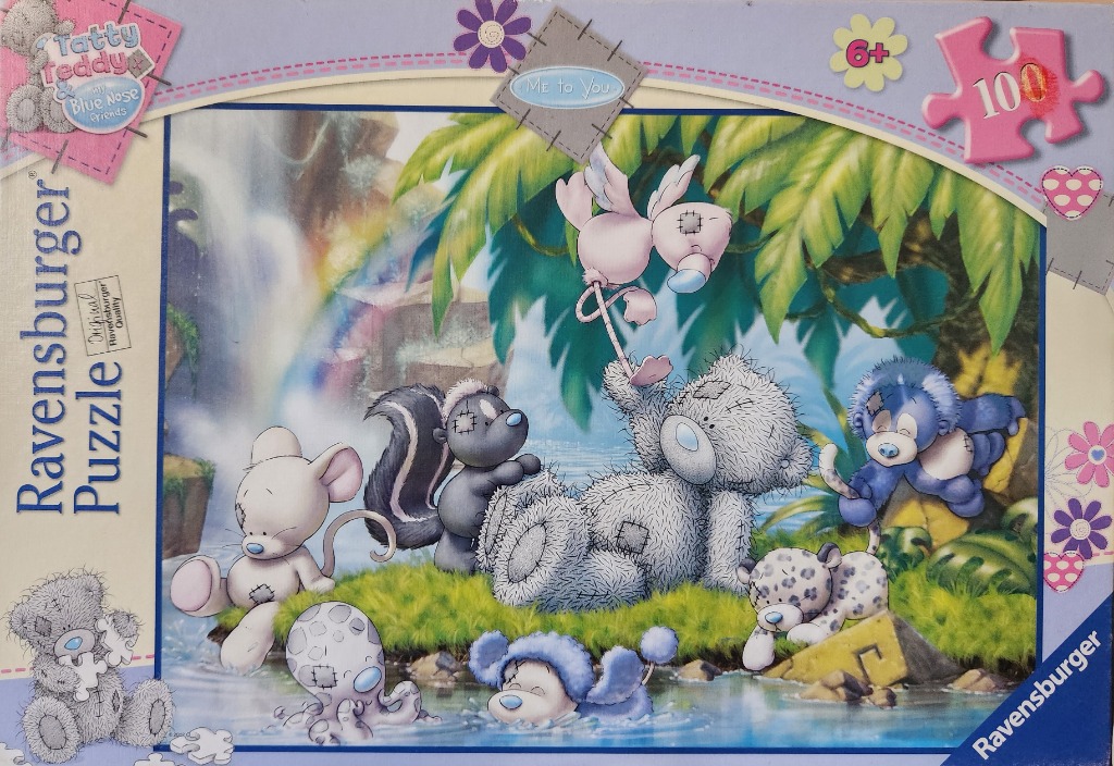 Tatty Teddy and friends playing by a waterfall in a tropical jungle setting.
