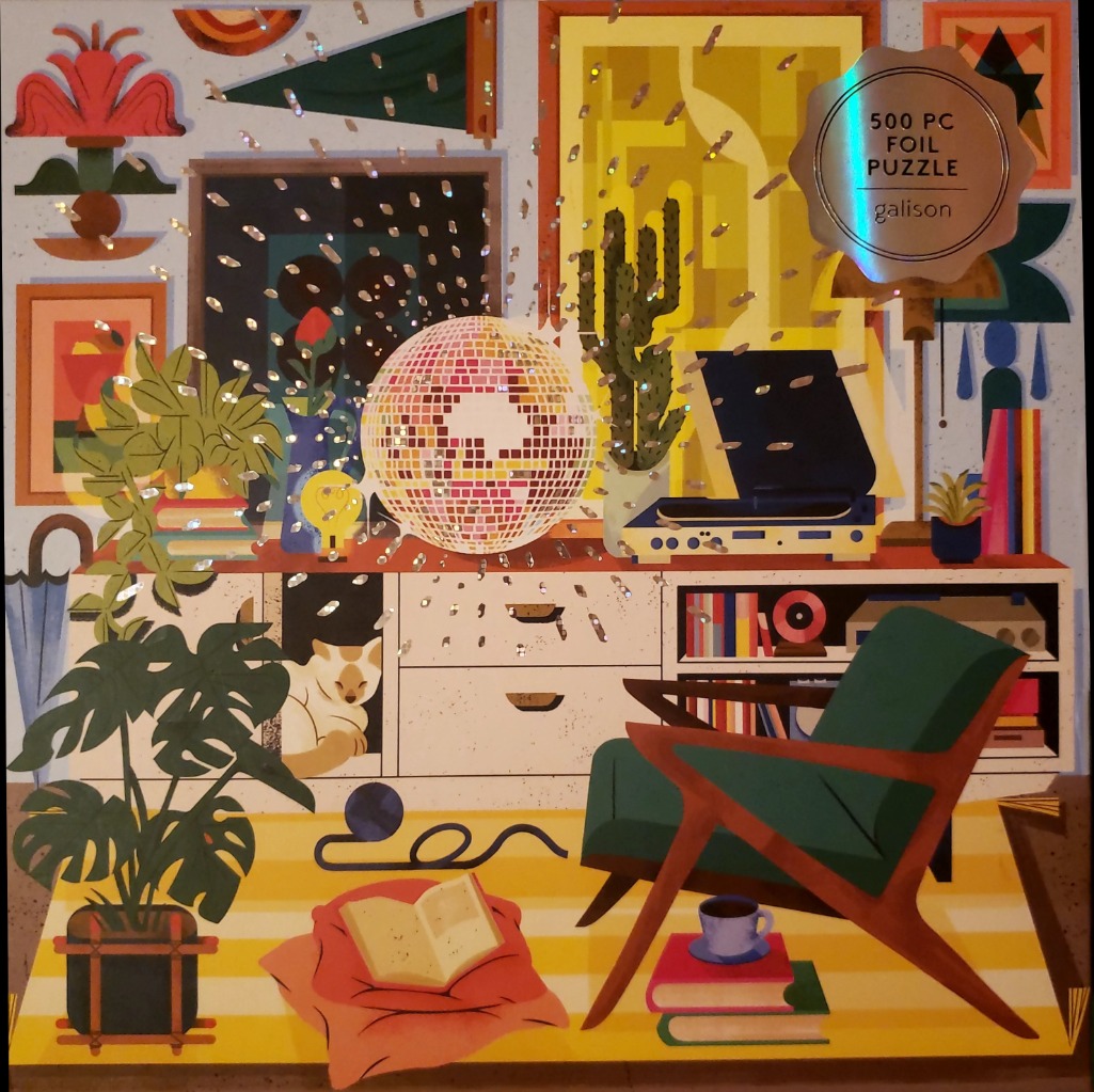 Stylized illustration of a cozy mid-century modern room with a disco ball, plants, and a record player.