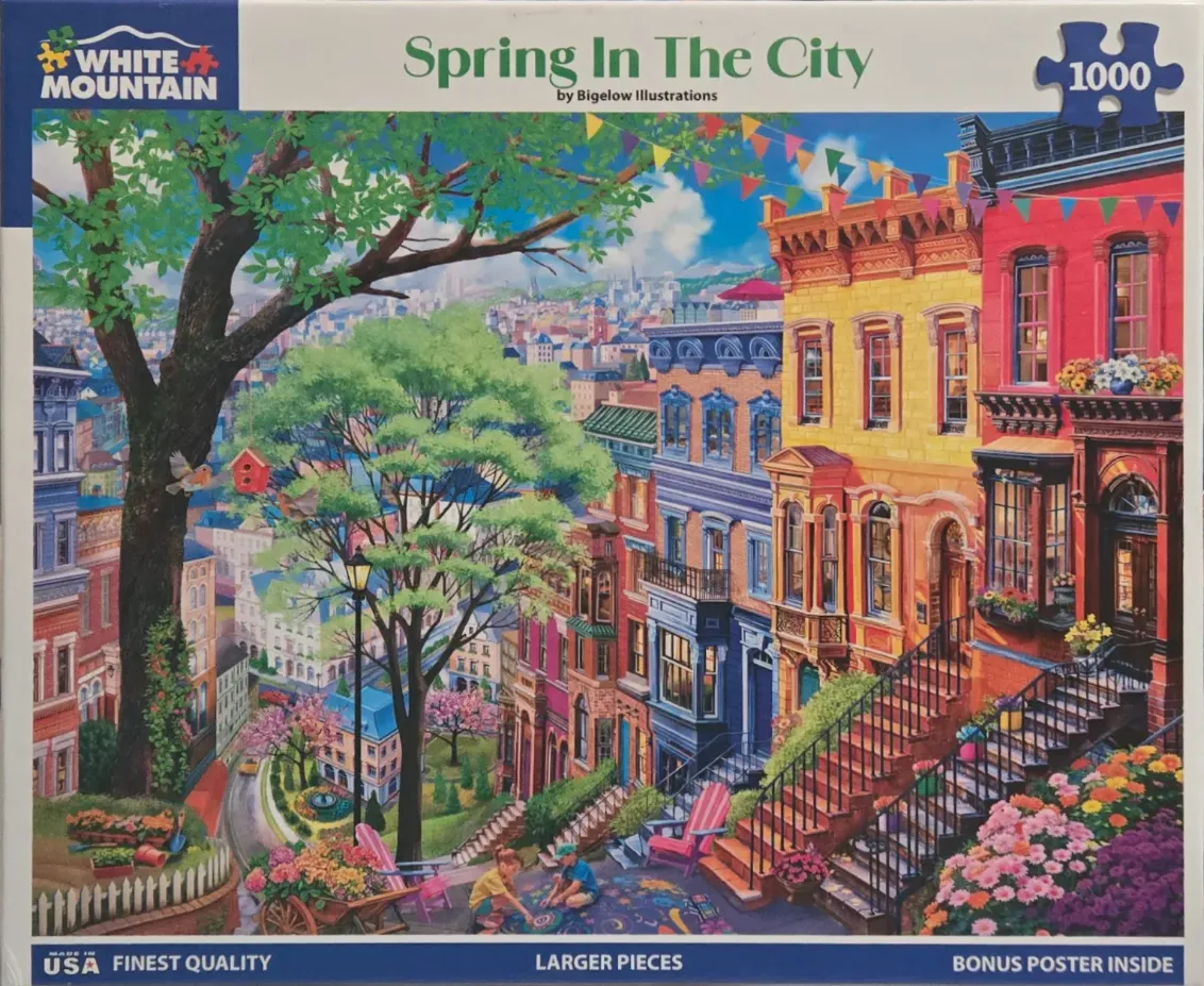 Illustration of a vibrant city street scene in springtime featuring colorful brownstones and blooming trees.