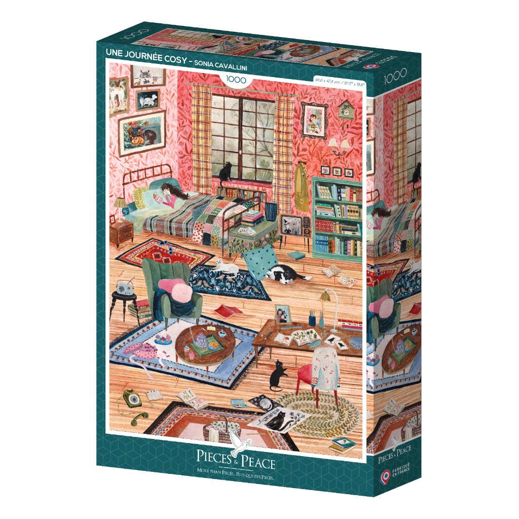 A cozy, illustrated bedroom scene featuring a woman reading in bed, cats, and scattered books on a light wooden floor.