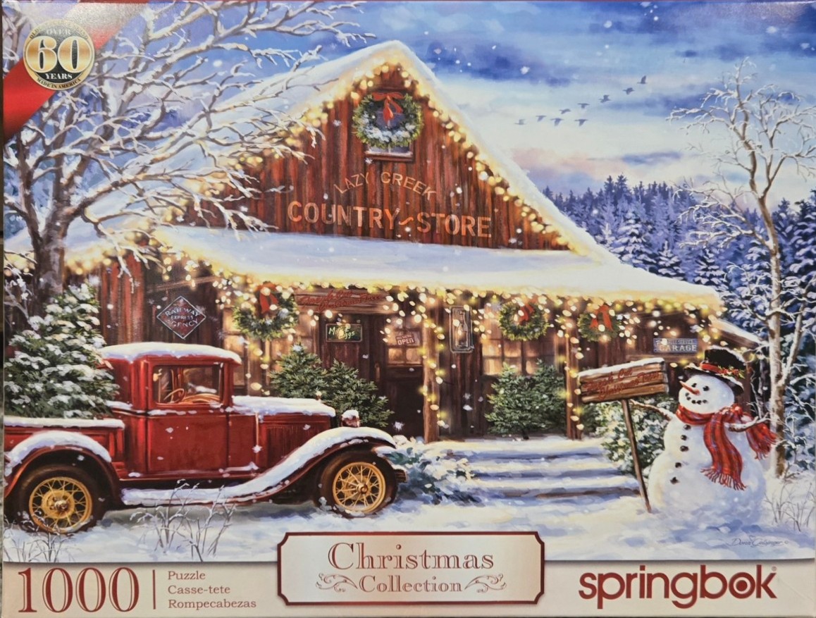 A snowy winter scene featuring a rustic wooden country store, a vintage red truck, and a snowman.