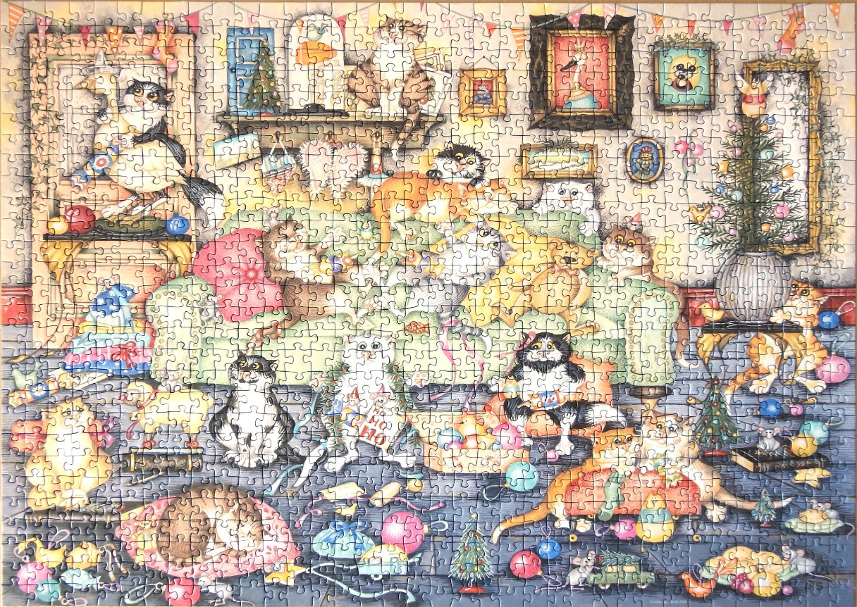A whimsical illustration of many cats playing and relaxing in a festive, cluttered living room filled with holiday decor.