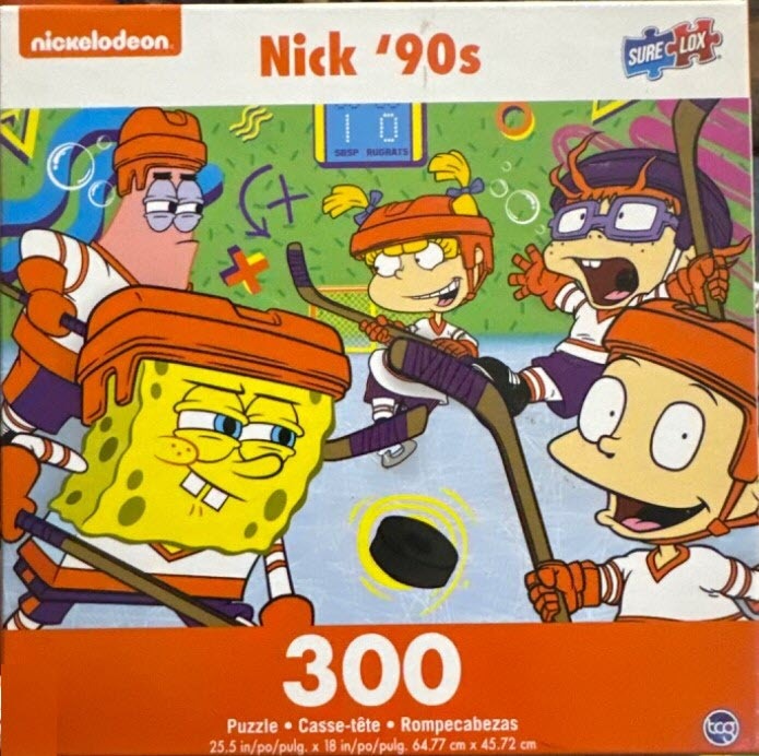 Cartoon characters playing ice hockey in a 90s-inspired colorful setting