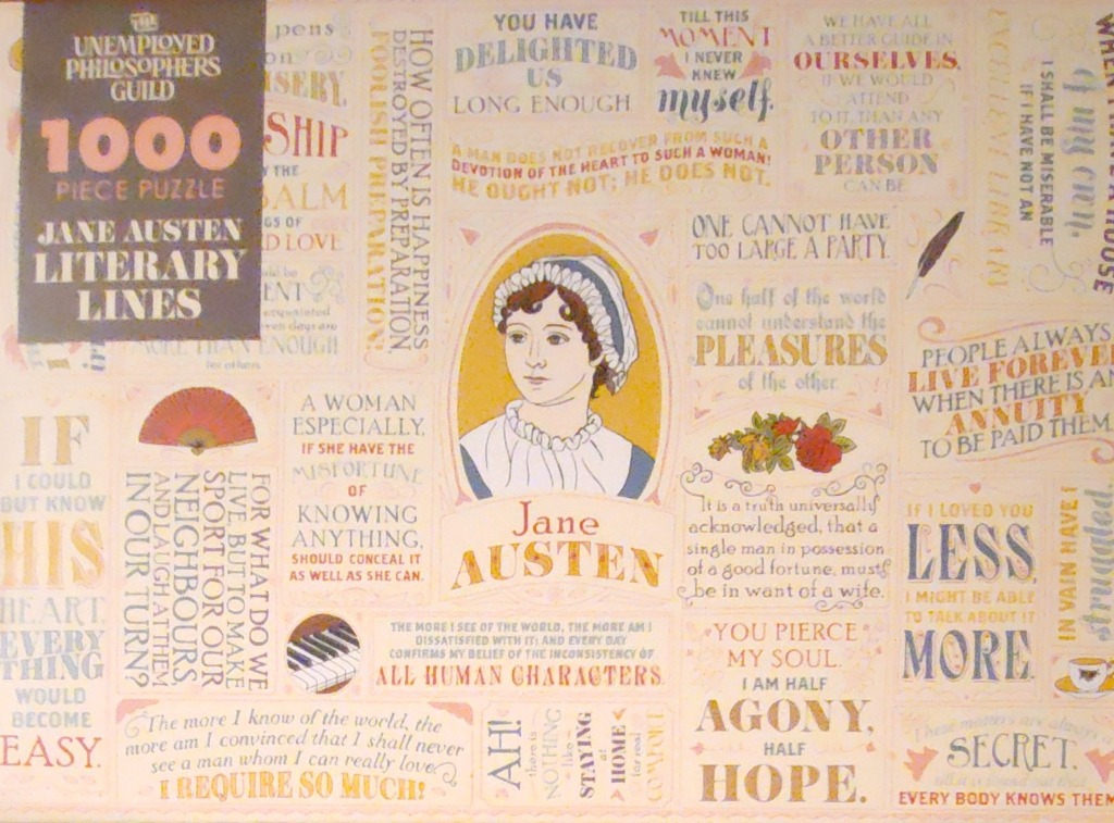 A collage featuring a portrait of Jane Austen surrounded by typography and quotes from her novels.
