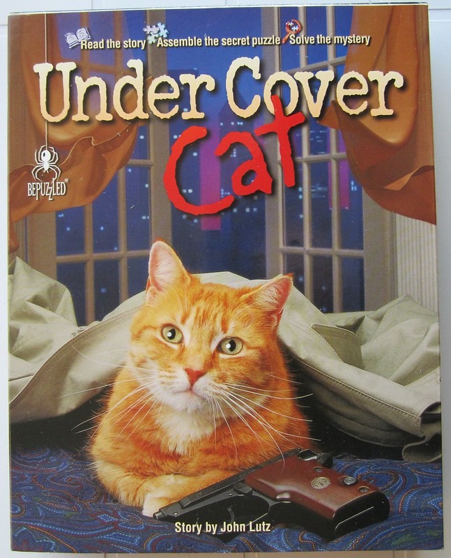 A ginger cat sitting under a trench coat with a handgun resting on a dark patterned rug in front of a window.