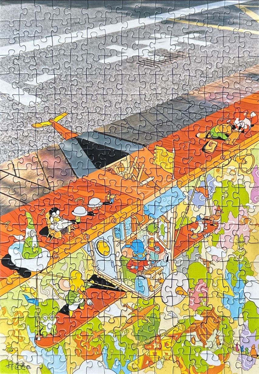 A whimsical illustration of a multi-level wooden structure inhabited by mice, set against a grey asphalt road.