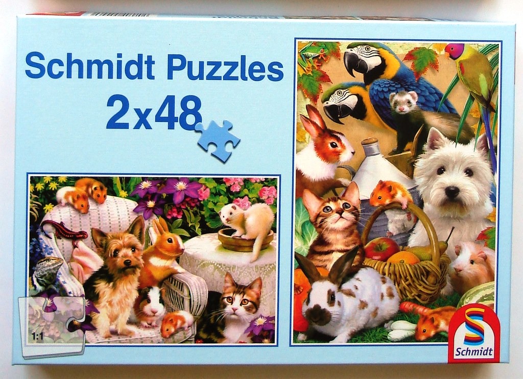 A collage of two illustrations featuring various domestic and exotic animals including cats, dogs, rabbits, and parrots.