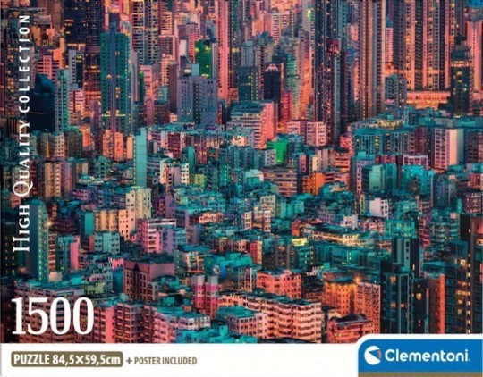 A dense urban cityscape of Hong Kong-style skyscrapers bathed in vibrant twilight shades of teal and orange.