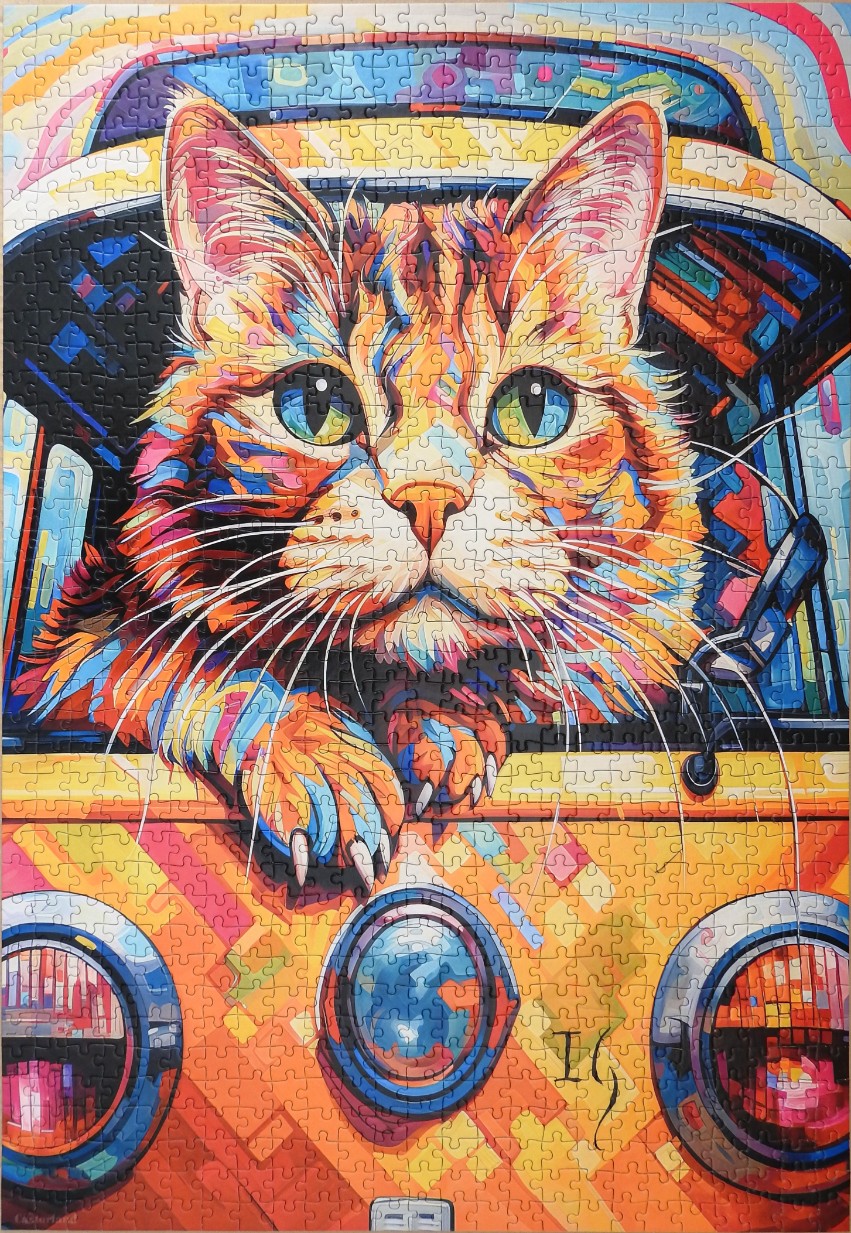 Colorful pop-art style portrait of a ginger cat peeking out from the window of a yellow van.