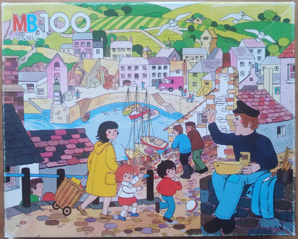 Illustration of a quaint harbor village with a sailor telling stories to children.