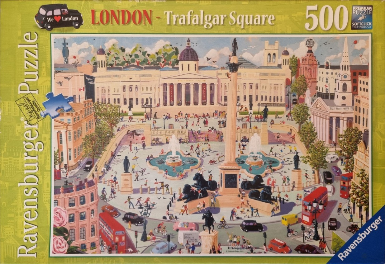Illustration of Trafalgar Square in London featuring the National Gallery, Nelson's Column, and bustling crowds.