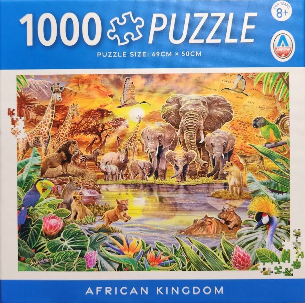 A vibrant collage of African wildlife gathered around a watering hole against the backdrop of a map of Africa at sunset.