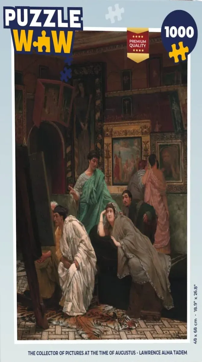 An oil painting of several people in Roman attire gathering in an art gallery to view a painting on an easel.