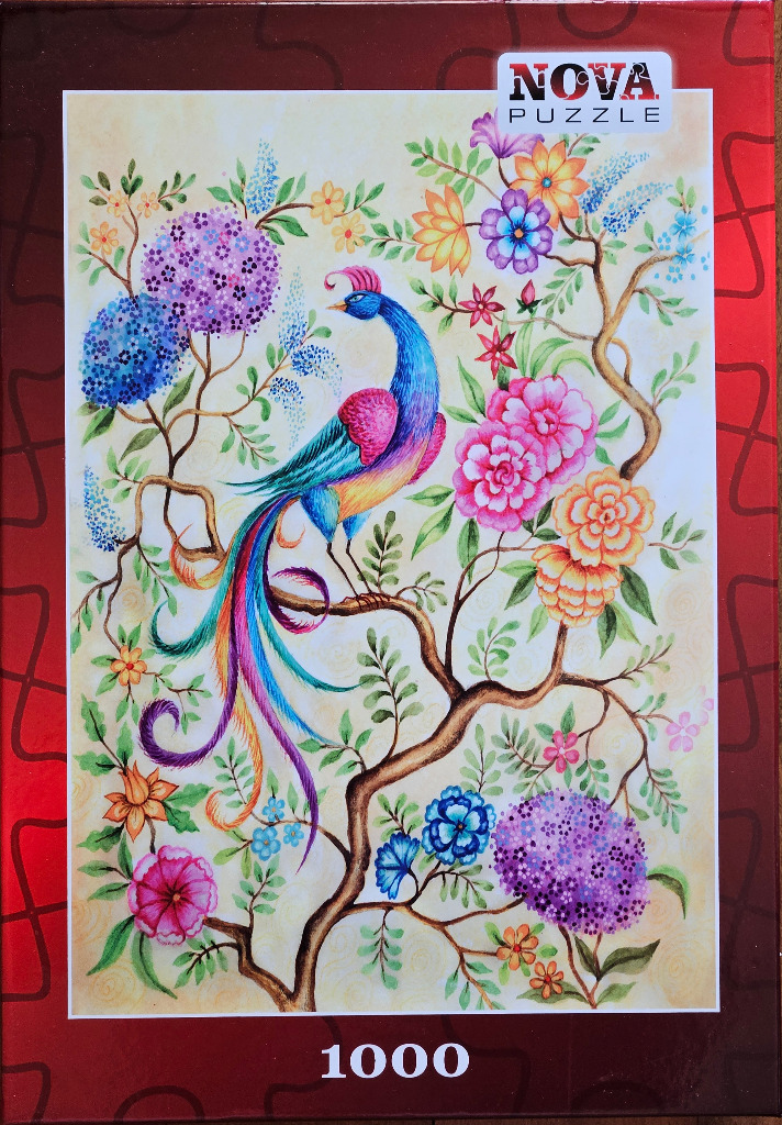 Illustration of a colorful stylized peacock perched on a flowering branch against a cream background.