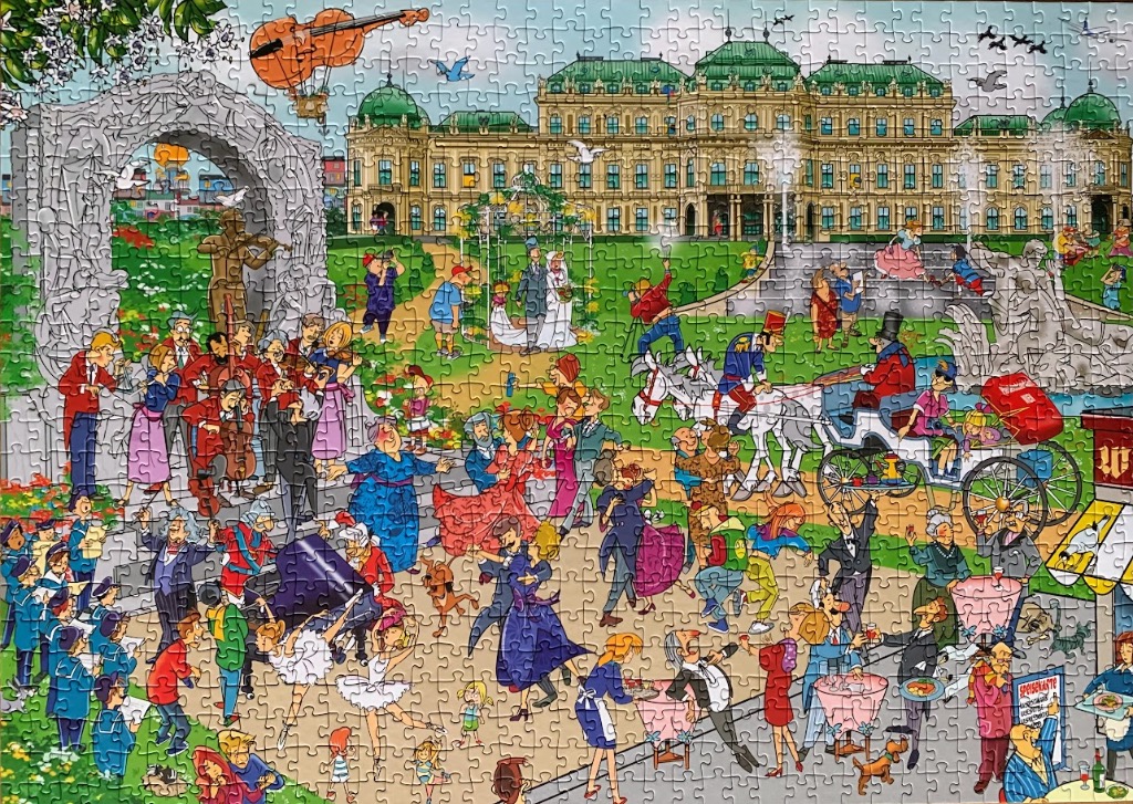 Cartoon illustration of a lively scene at the Belvedere Palace in Vienna with a wedding, orchestra, and dancers.