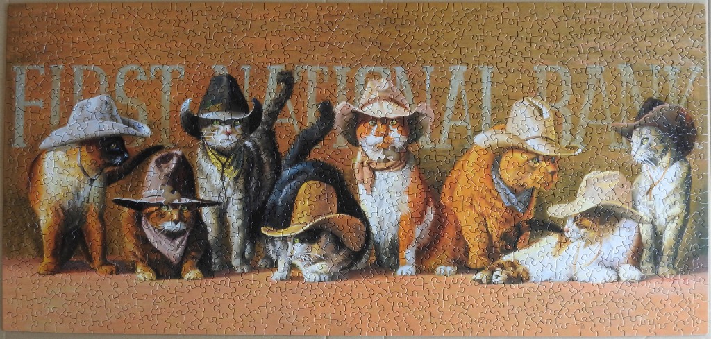 Seven cats wearing cowboy hats standing in a line in front of a First National Bank sign.