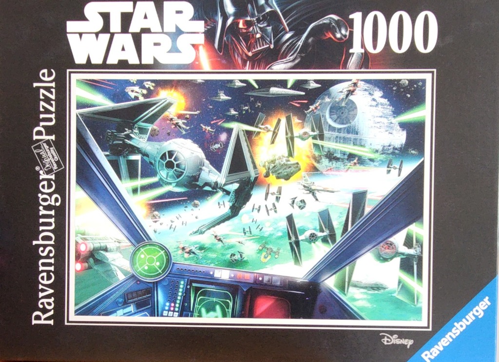 A dynamic space battle scene viewed from the cockpit of a TIE fighter, featuring the Death Star and various starships.