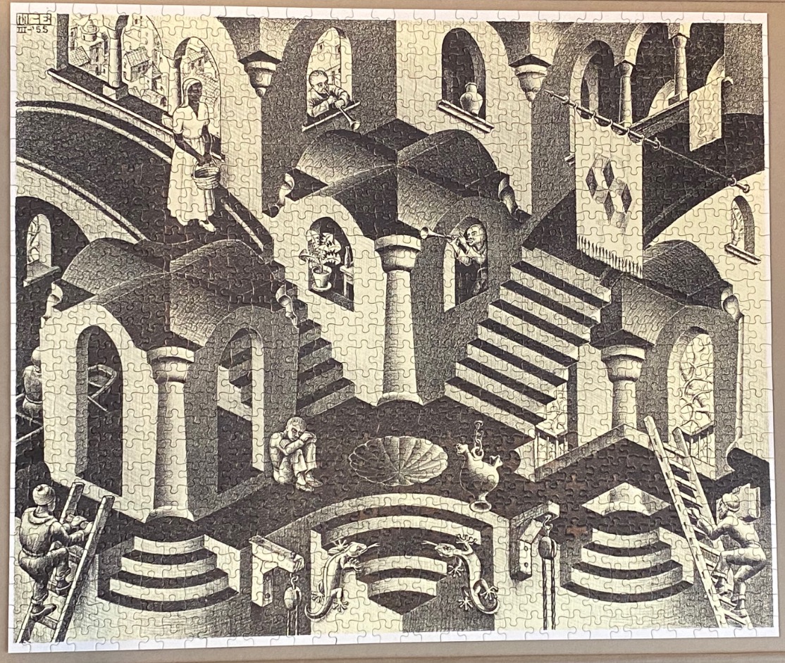 A black and white lithograph depicting an impossible architectural structure with staircases and figures.