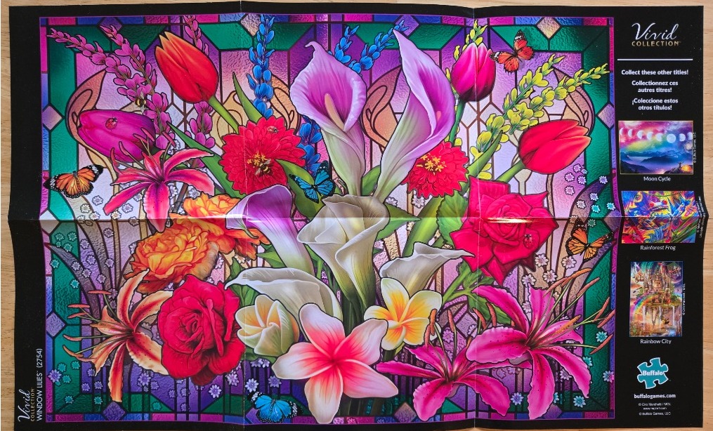 A vibrant illustration of lilies, tulips, and roses arranged against a background of stained glass patterns and butterflies.