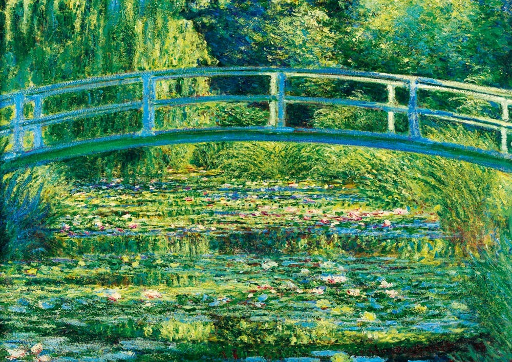 An impressionist painting of a green footbridge over a lily pond filled with blooming flowers.