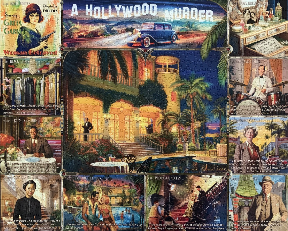 A cinematic collage themed around a Hollywood murder mystery with characters, scenes, and investigation clues.